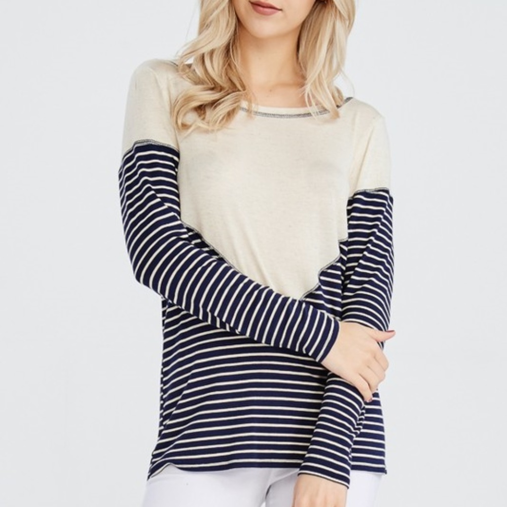 Beige and Navy Blue Striped Long Sleeve Top